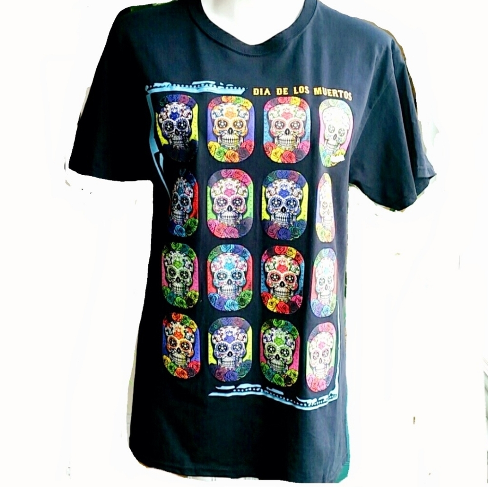 Day Of The Dead Skulls Dia De Los Muertos Black t-shirt  size Medium